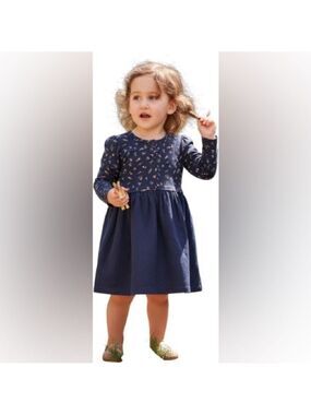 GAP Long Sleeve Lined 100% Cotton Dark Blue Dress with Floral Design
